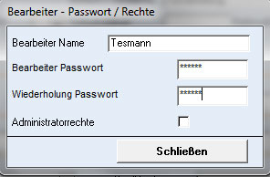 Personalverwaltung / Zeiterfassung - Bearbeiter eingeben, Bearbeiter zur Personalverwaltung / Zeiterfassung hinterlegen, Passwort und Rechte