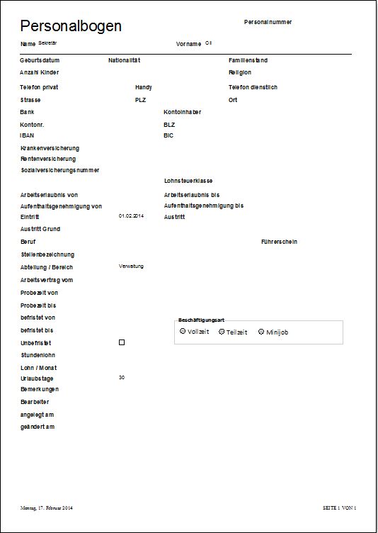 Personalverwaltung - Personalbogen erstellen, Personalbogen drucken, �bersicht Personalangaben, Bogen Personal