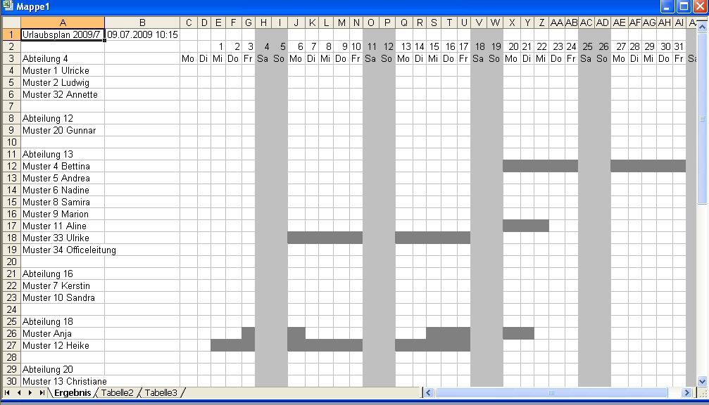 Personalverwaltung / Zeiterfassung - Urlaubsplan erstellen, drucken, Urlaubsliste, �bersicht Urlaub, Urlaubslisten - Excel-Export / Monat